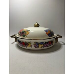 VTG Cornucopia Enamelware Covered Casserole Dish Fruit Design Brass Handles 2Qt